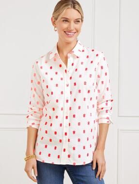 Talbots | White/Neon Pink Modern Classic Preppy Shirt Birds Eye Jacquard Teacher